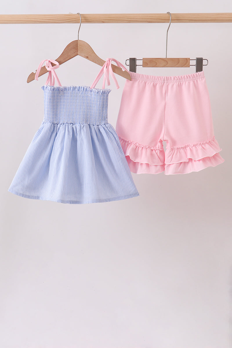 Blue Stripe Bow Smocked Ruffle Shorts Set