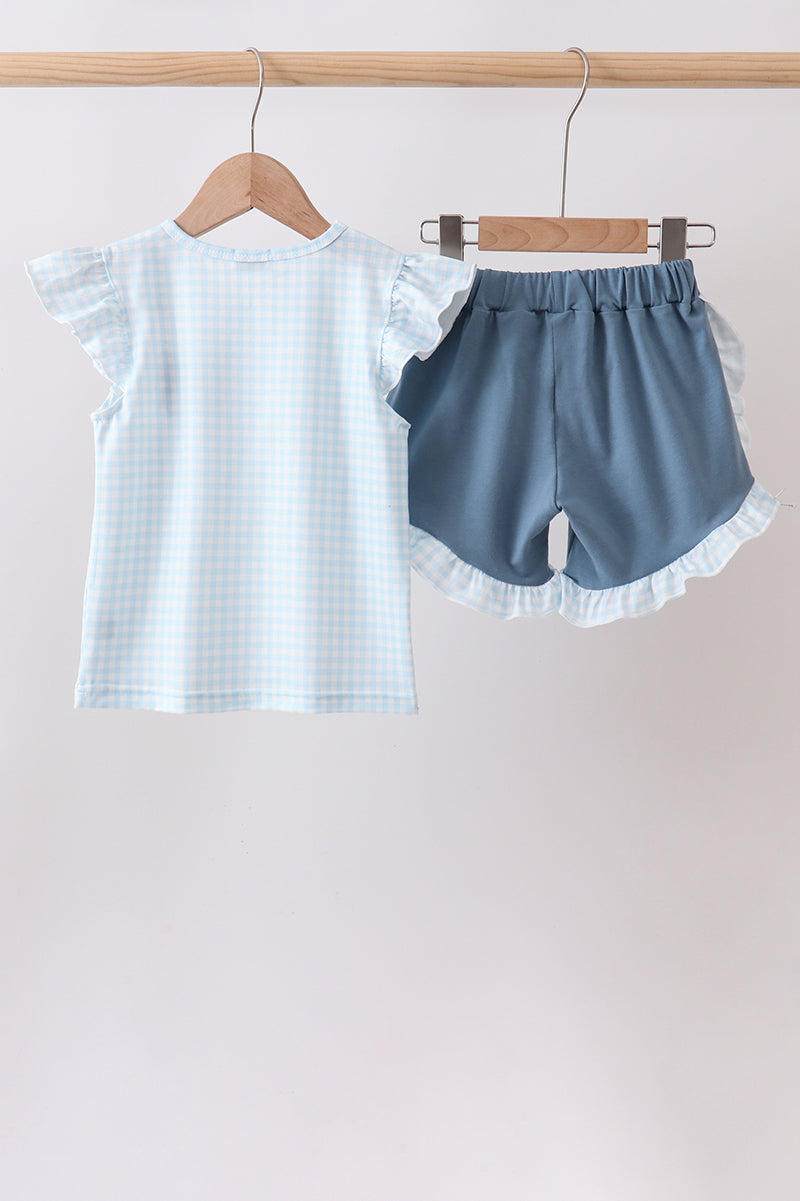 Blue Plaid Embroidered Bow Set