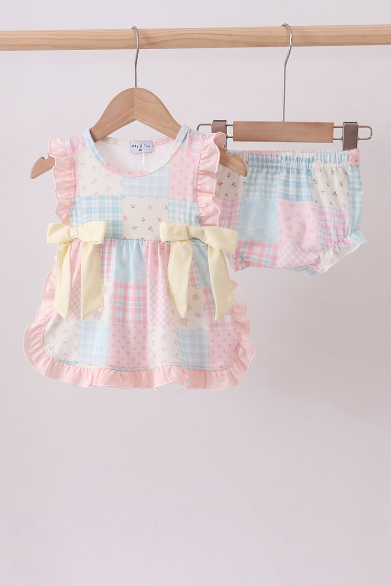 Pink Floral Print Checkered Bloomer Set