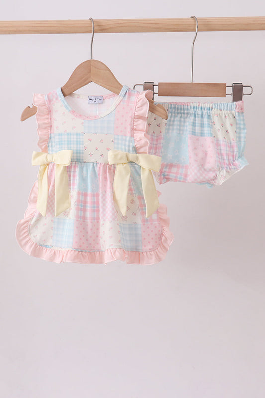 Pink Floral Print Checkered Bloomer Set