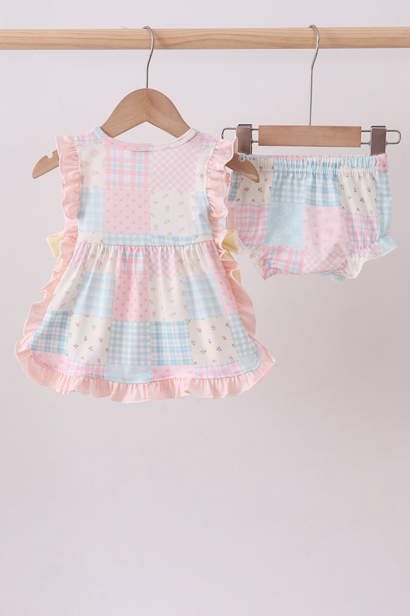 Pink Floral Print Checkered Bloomer Set