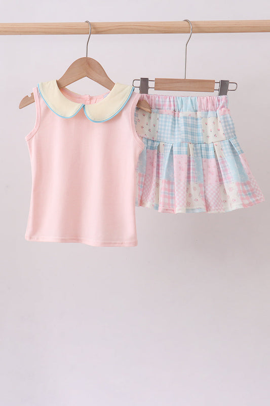 Pink Floral Print Checkered Skorts Set