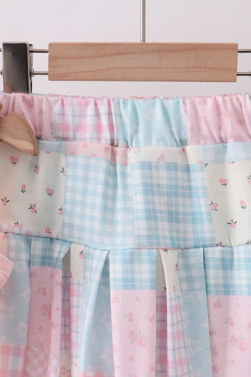 Pink Floral Print Checkered Skorts Set