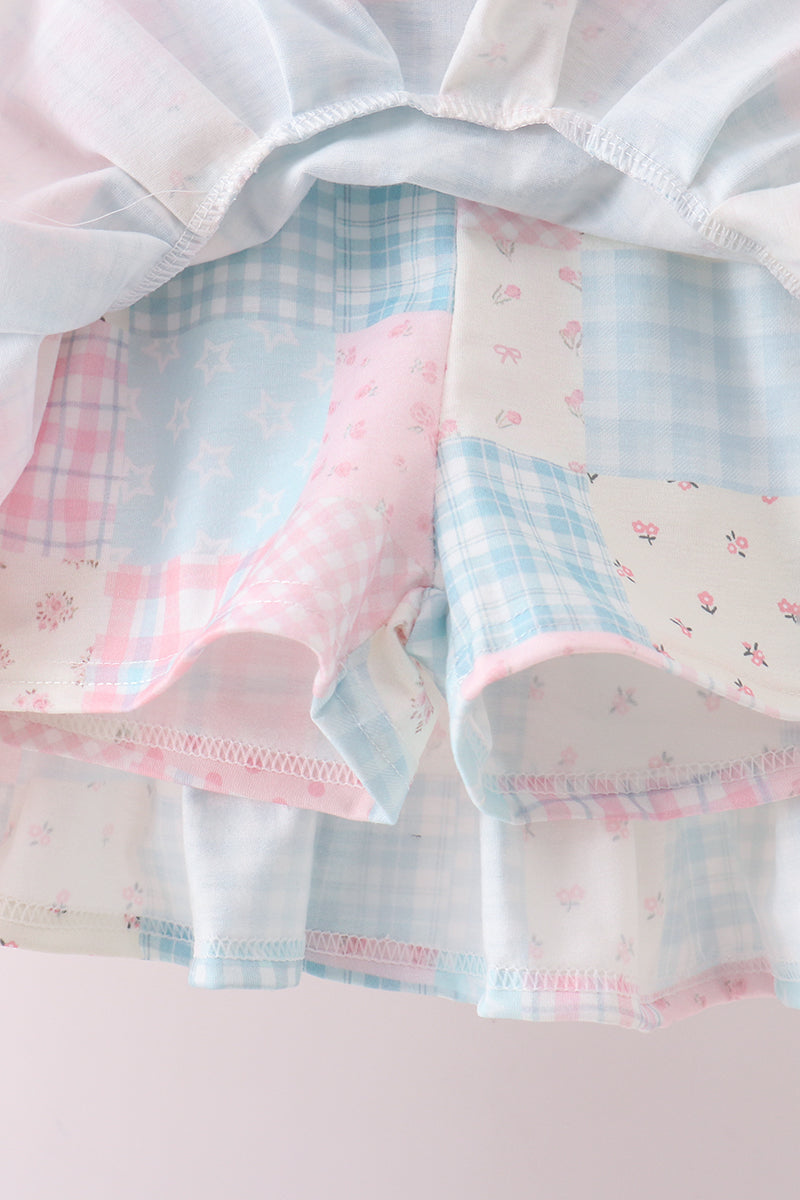 Pink Floral Print Checkered Skorts Set