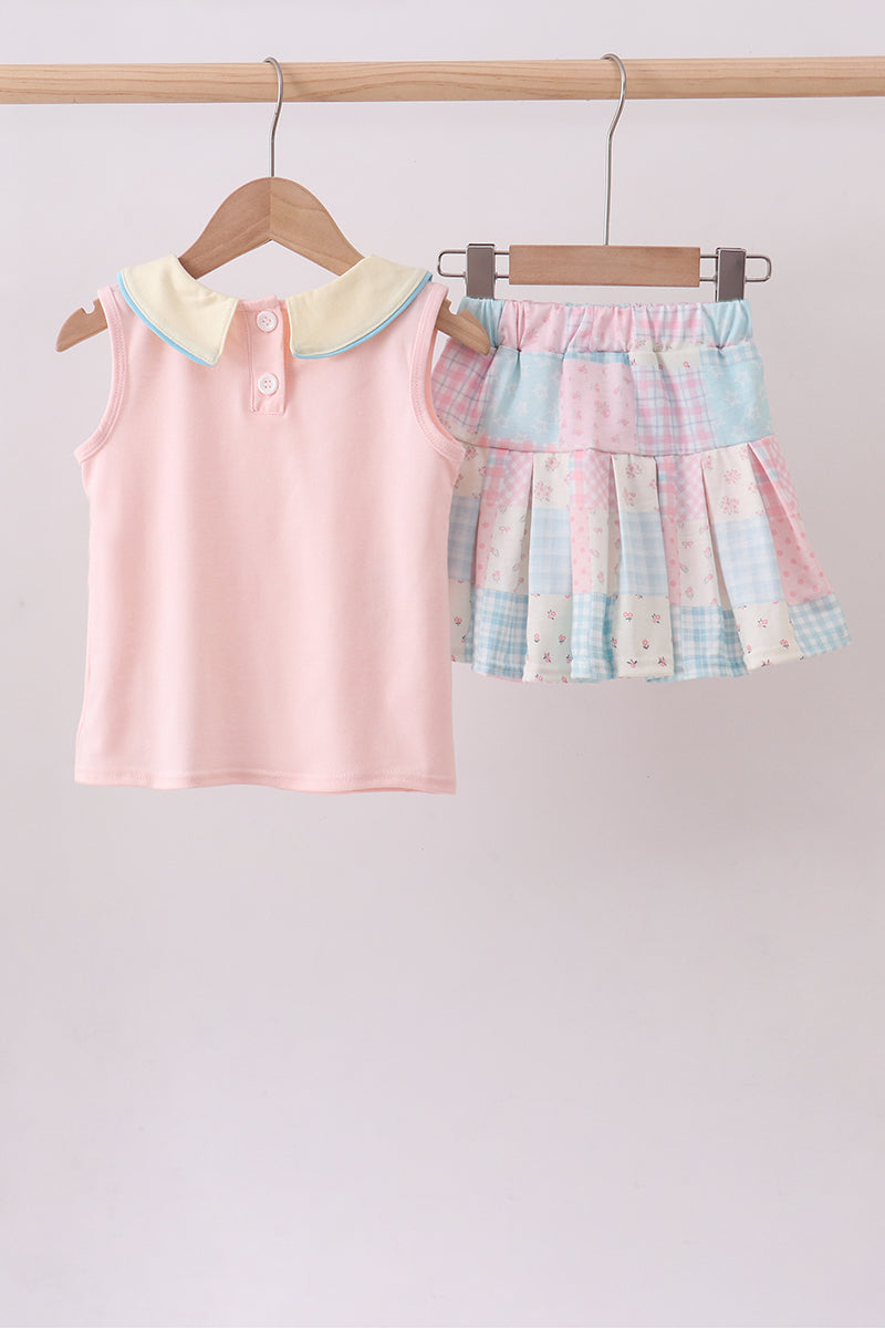Pink Floral Print Checkered Skorts Set