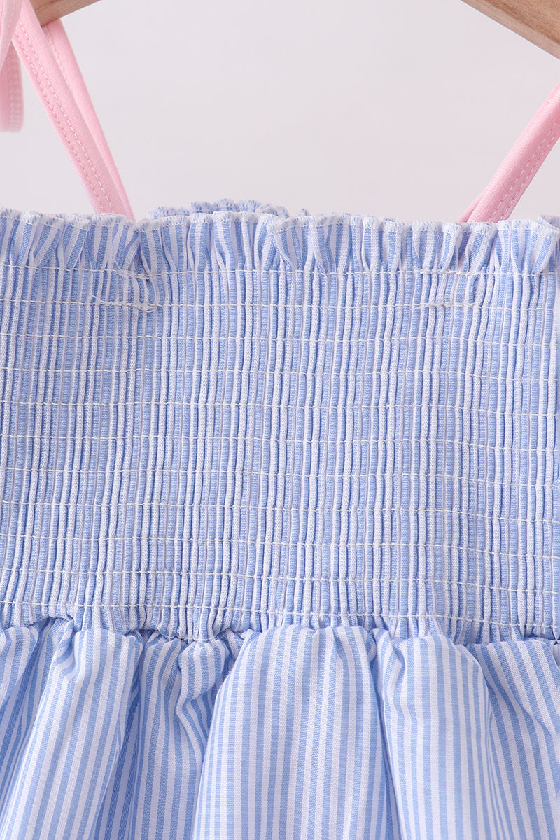 Blue Stripe Bow Smocked Ruffle Shorts Set