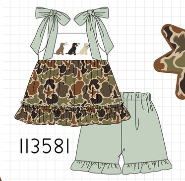 Camo Hunting Embroidered Ruffle Shorts Set