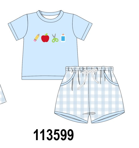 Blue Apple Embroidered Gingham Shorts Set