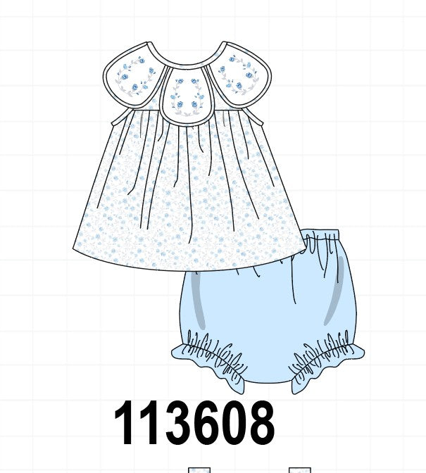 Blue Floral Embroidered Bloomer Set