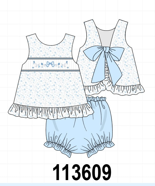 Blue Floral Smocked Ruffle Bloomer Set