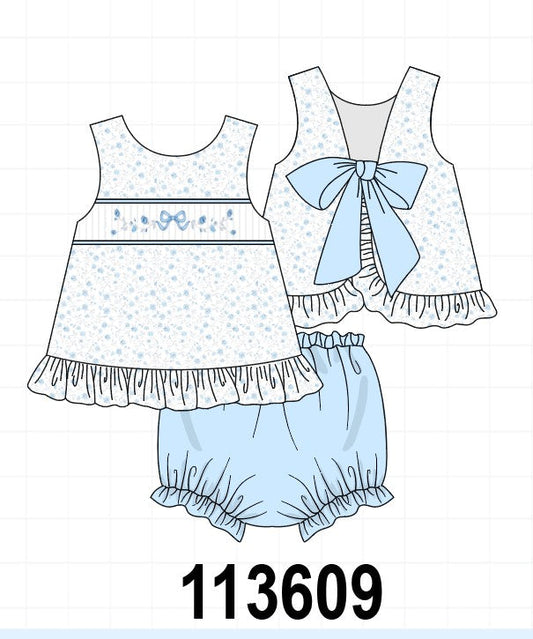 Blue Floral Smocked Ruffle Bloomer Set
