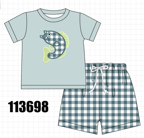 Green Fish Applique Shorts Set