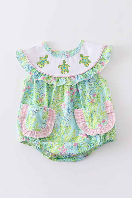 Green Turtle Embroidered Ruffle Bubble