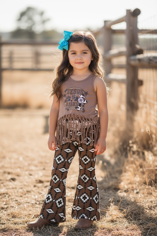 Brown aztec printed bootcut denim pants. PNG25153091 amy