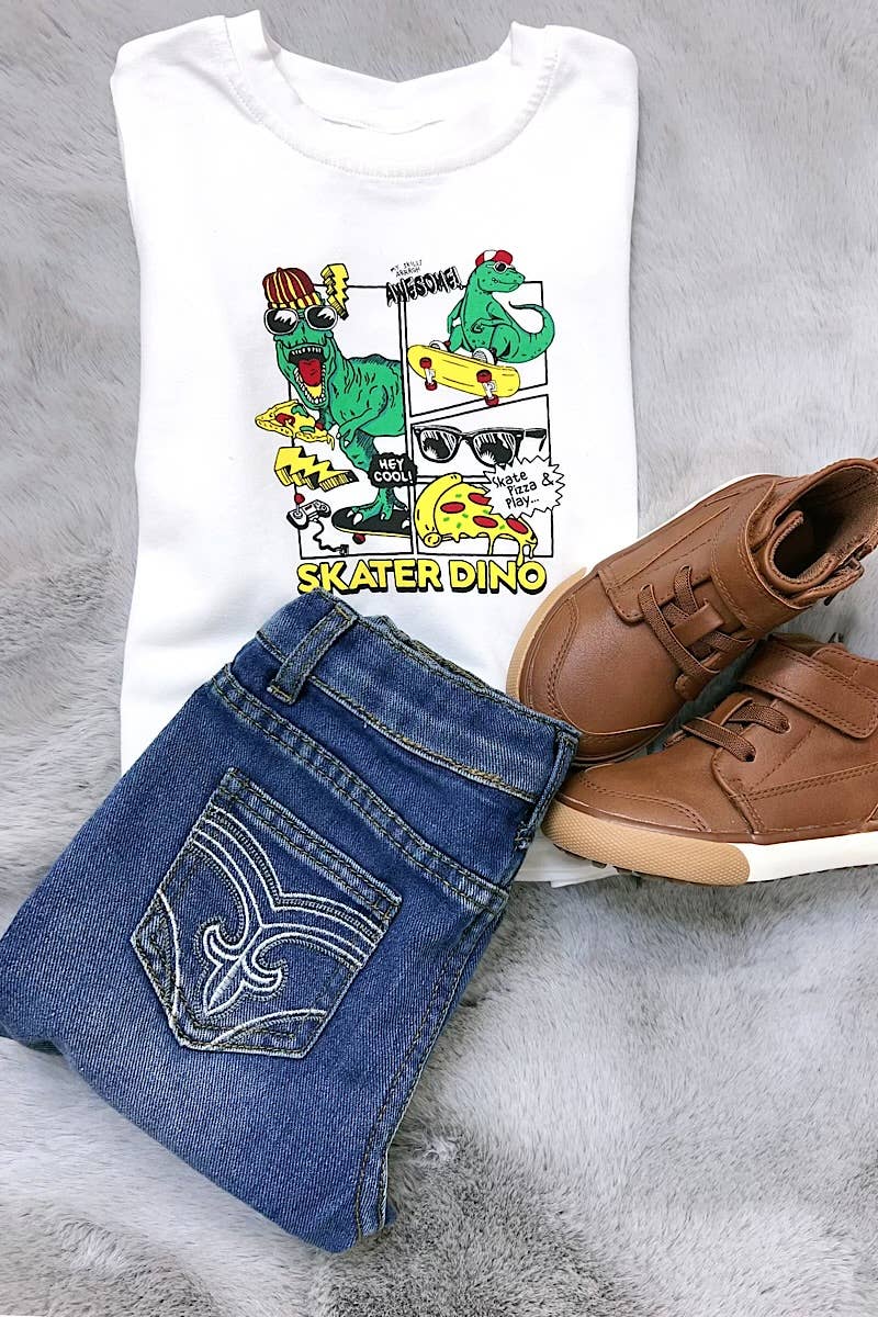 SKATER DINO" WHITE GRAPHIC TEE SHIRT. TPB15144007 WENDY