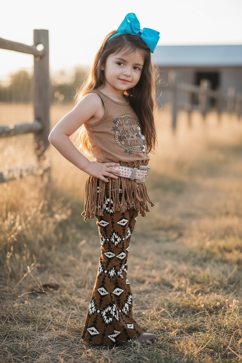 Brown aztec printed bootcut denim pants. PNG25153091 amy