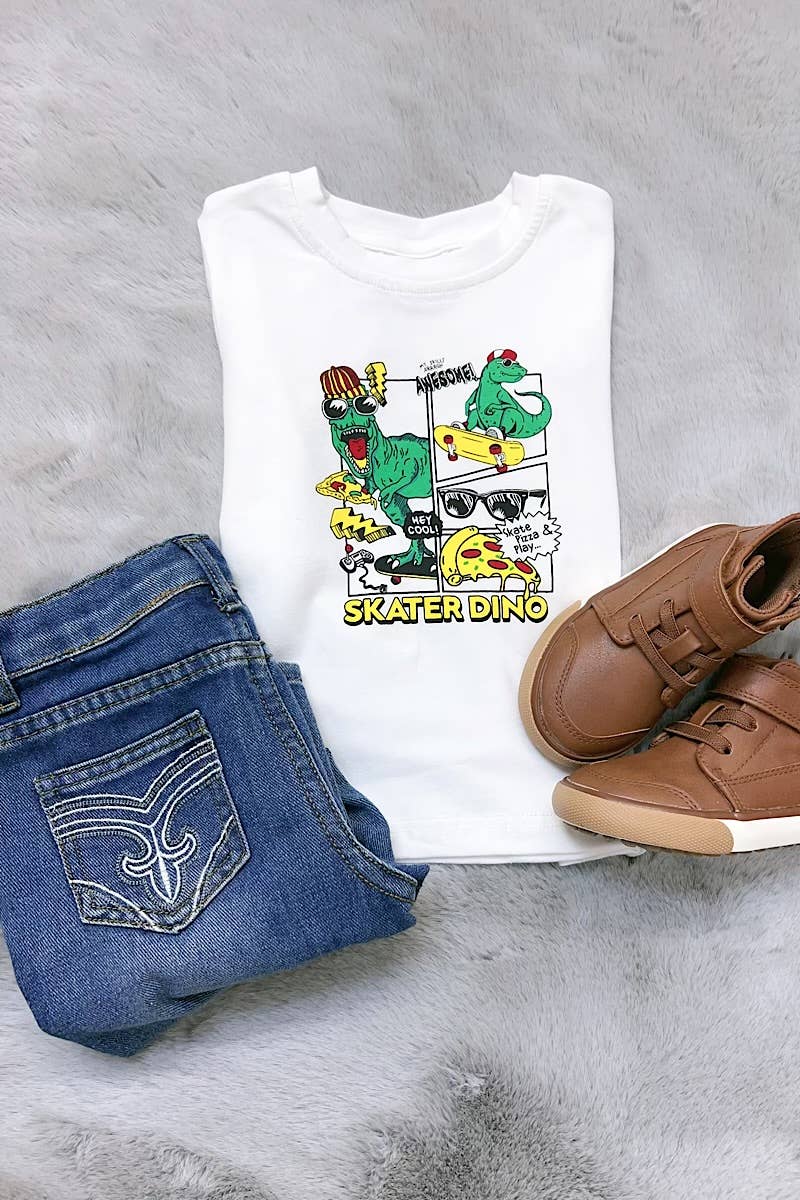 SKATER DINO" WHITE GRAPHIC TEE SHIRT. TPB15144007 WENDY