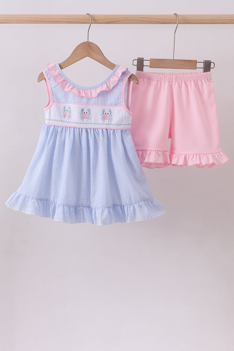 Blue Crab Embroidered Seersucker Ruffle Shorts Set