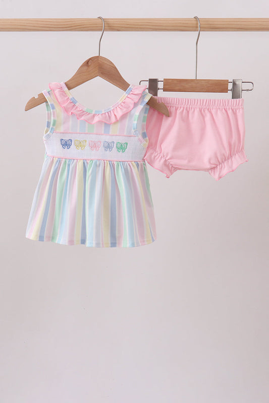 Rainbow stripe butterfly smocked ruffle bloomer set