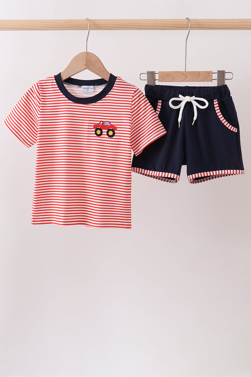 Red Stripe Car Embroidered Set