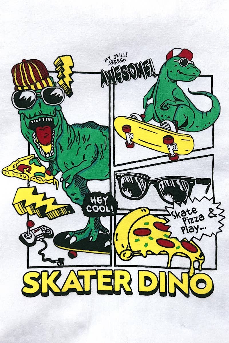 SKATER DINO" WHITE GRAPHIC TEE SHIRT. TPB15144007 WENDY