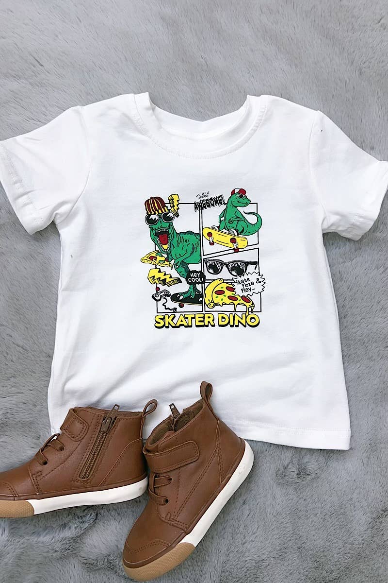 SKATER DINO" WHITE GRAPHIC TEE SHIRT. TPB15144007 WENDY