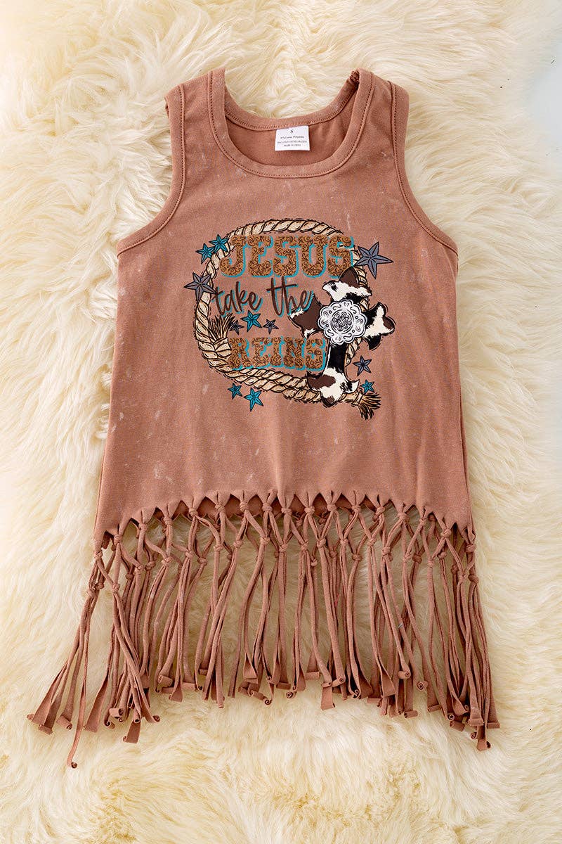"Jesus take the reins" Washed brown tank top w/tassels. TPG40428 AMY