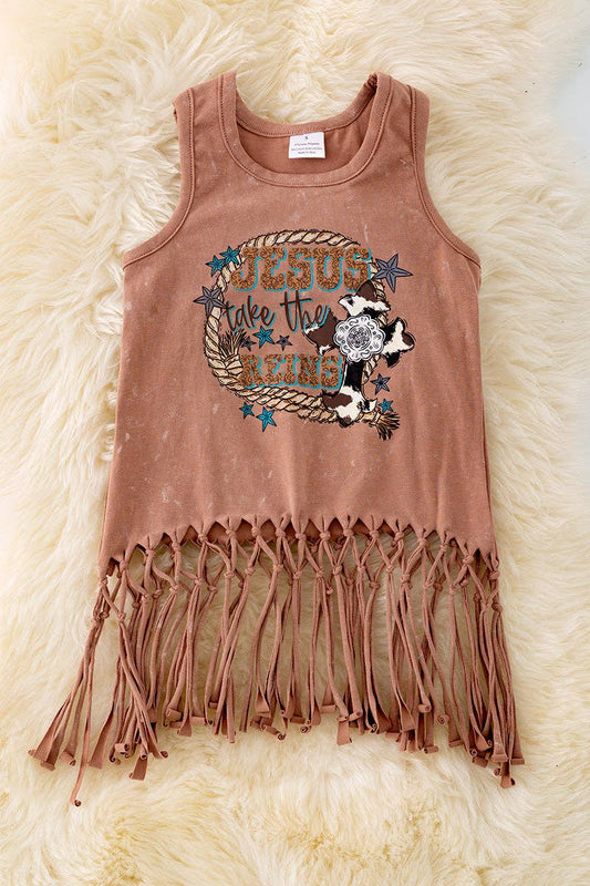 "Jesus take the reins" Washed brown tank top w/tassels. TPG40428 AMY