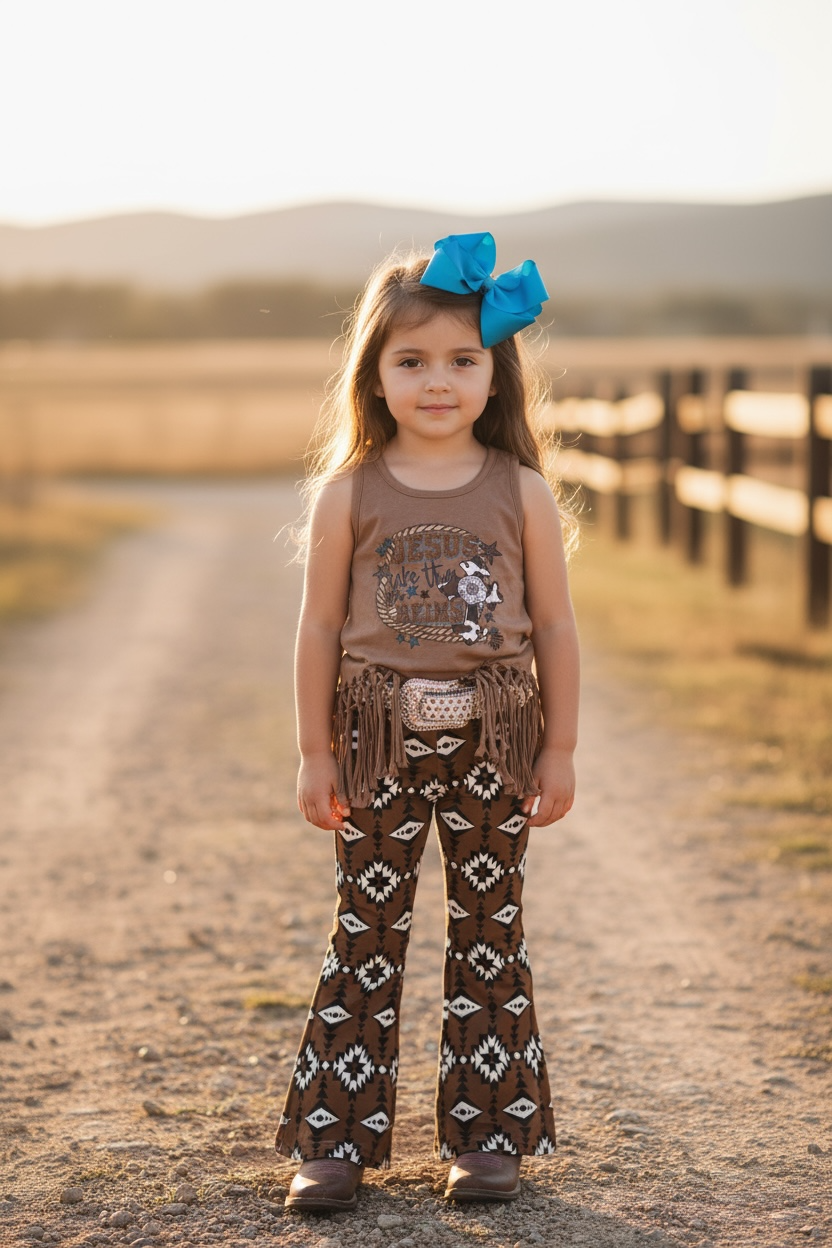 Brown aztec printed bootcut denim pants. PNG25153091 amy