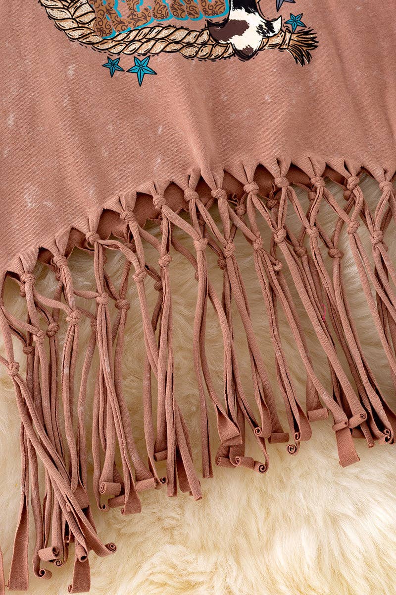 "Jesus take the reins" Washed brown tank top w/tassels. TPG40428 AMY