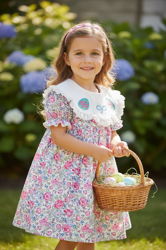 Ditsy floral dress w/embroidered egg application. DRG60332 JEAN