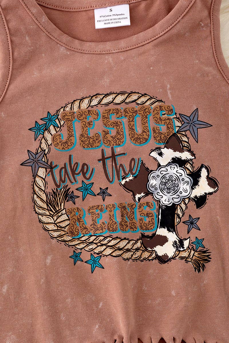 "Jesus take the reins" Washed brown tank top w/tassels. TPG40428 AMY